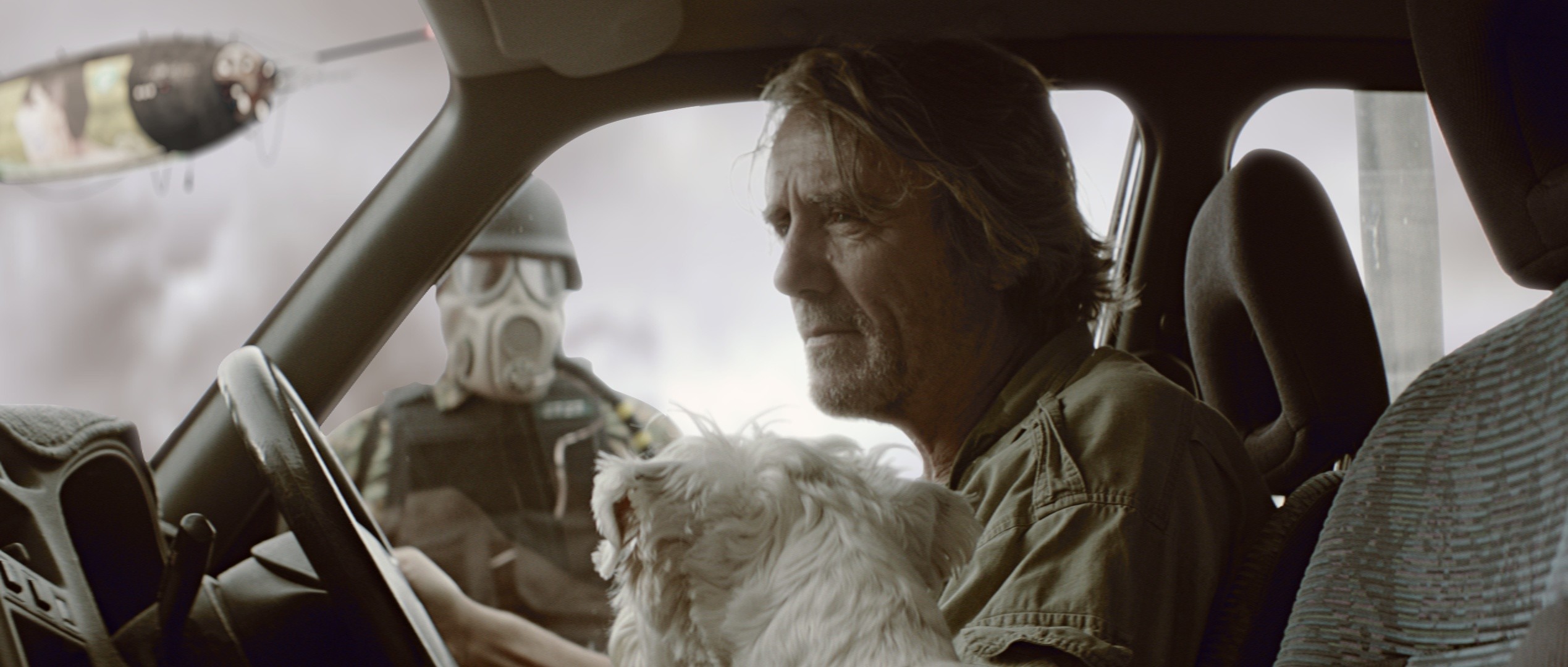 A man and his dog in a car, from Cough