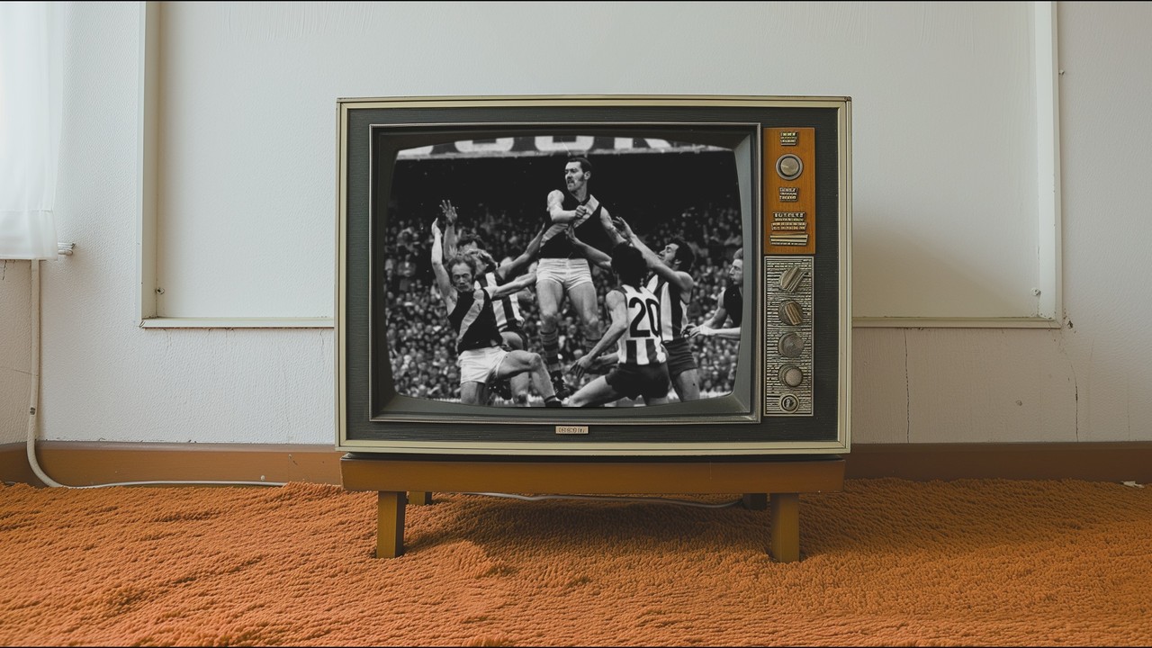 A scene from TISM’s ’70s Football music video